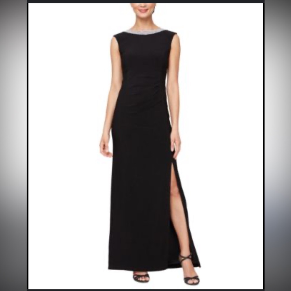 NWT Alex Evenings Women's Embellished-Neck Side-Slit Gown size 18